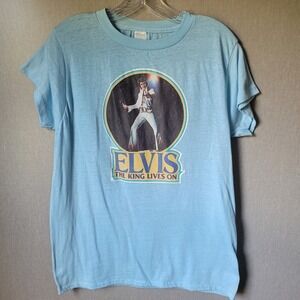 Ched Elvis Presley T-Shirt Mens L Blue Good 1977 The King Lives On Vintage 70s